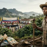 Campesino joven en plantación de café colombiana, con orador político y bandera en plaza de fondo bokeh.