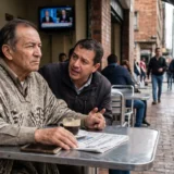 Hombre mayor con ruana colombiana, periódico y tinto en una escena de café urbano en Bogotá.