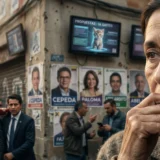 Primer plano de mujer colombiana pensativa de perfil. Fondo callejero con carteles electorales y pantalla de un gato azul con texto "IA GATITO".