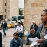 Mujer afrodescendiente liderando un diálogo en una plaza pública de Colombia, sosteniendo un documento frente a un grupo de personas en un entorno urbano auténtico.