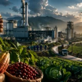 Trabajadora rural con café y cacao frente a zona industrial en el Cauca
