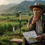 Un agricultor colombiano sostiene un documento predial en un campo de caña de azúcar. Al fondo se ven equipos de medición topográfica y funcionarios municipales bajo montañas.