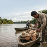 Hombre trabajando en el río Amazonas, atando troncos de madera en una canoa, con una casa sobre pilotes y la selva de fondo.