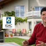 Hombre con suéter rojo sentado en un jardín frente a una casa, con el logo del IGAC (Instituto Geográfico Agustín Codazzi) y billetes colombianos superpuestos. La escena incluye una laptop, premios de reconocimiento y una vista urbana de fondo con edificios de ladrillo.