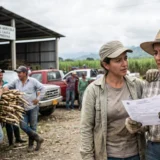 Dos agricultoras preocupadas leen un documento oficial frente a una cooperativa de caña de azúcar en el Valle del Cauca, Colombia. Al fondo, trabajadores cargan una camioneta y se ven montañas verdes bajo un cielo nublado.