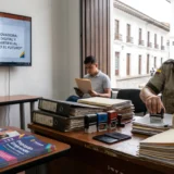 Una funcionaria de Popayán, Colombia, sella trámites en una oficina con papeleo y una pantalla sobre innovación digital e IA.