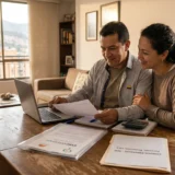 Una pareja hispana sonriente sentada a una mesa de madera revisando documentos de Colpensiones y FONDOS PRIVADOS - AFP (Porvenir, Protection, etc.) con una laptop.