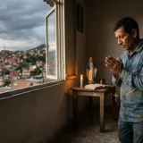 Un hombre arrodillado rezando con un rosario en un interior humilde frente a una ventana abierta que da a una ciudad densamente poblada en una colina al atardecer. En la mesa, una Biblia abierta, una vela encendida y una estatua de la Virgen María.