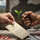 Una mano con traje y gemelo de la bandera de Colombia entrega un título de propiedad ("Land Title Deed") a un puño cerrado y sucio de un trabajador. En medio de ambos nace una pequeña planta, mientras sobre la mesa se observan documentos quemados con las frases "Reforma Social Rechazado" y "Pensión Adultos Rechazado
