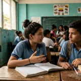 Fotografía fotorrealista de dos estudiantes de secundaria en uniforme azul discutiendo el libro 'Cien Años de Soledad' en un aula en Colombia, con un mural de Juan Rulfo y mariposas amarillas.