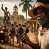 Hombre palenquero guía a turistas frente a estatua de Benkos Biohó