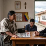 Tres personas indígenas en Colombia alrededor de una mesa rústica, leyendo un periódico con el titular "Papa León XIV pide paz", con pósteres de defensa de recursos y solidaridad latinoamericana en el fondo.