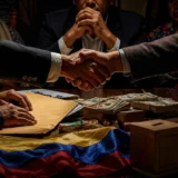 Apretón de manos entre políticos en reunión privada con ambiente de tensión en Colombia