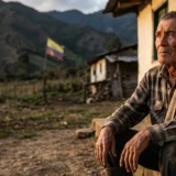 Campesino colombiano anciano y pensativo sentado ante su casa rural andina al atardecer; bandera de fondo.