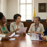 Seis mujeres diversas, incluyendo afrodescendientes e indígenas, vestidas con ropa profesional, están sentadas alrededor de una mesa de conferencias de madera en una sala de reuniones gubernamental en Colombia con una bandera colombiana al fondo. Están revisando y discutiendo activamente documentos titulados claramente "Derechos de las Mujeres" y "Políticas Públicas". Una mujer mestiza en el centro está hablando y sosteniendo un documento, mientras las demás escuchan atentamente. La imagen visualiza el concepto de feminismo institucional y la participación política de las mujeres dentro de las instituciones del Estado.