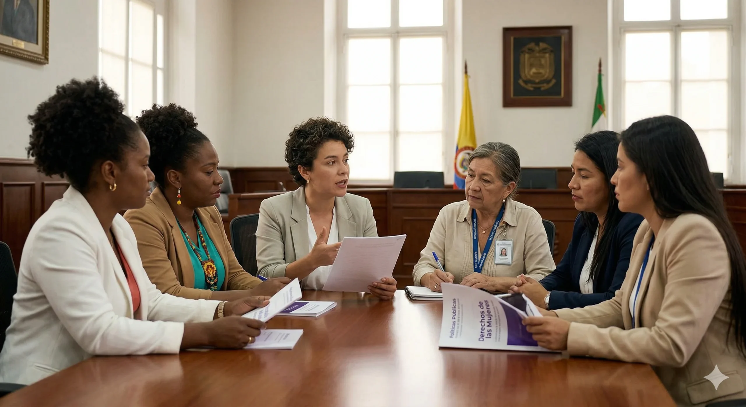 Seis mujeres diversas, incluyendo afrodescendientes e indígenas, vestidas con ropa profesional, están sentadas alrededor de una mesa de conferencias de madera en una sala de reuniones gubernamental en Colombia con una bandera colombiana al fondo. Están revisando y discutiendo activamente documentos titulados claramente "Derechos de las Mujeres" y "Políticas Públicas". Una mujer mestiza en el centro está hablando y sosteniendo un documento, mientras las demás escuchan atentamente. La imagen visualiza el concepto de feminismo institucional y la participación política de las mujeres dentro de las instituciones del Estado.
