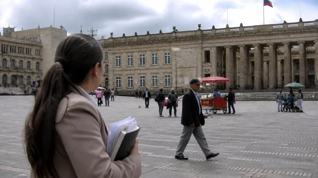 Mujer con documentos observa plaza política en Bogotá