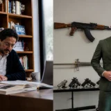 Contraste entre escritorio con libros y sala con armas en Colombia