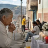 Mujer reza ante altar católico en barrio popular colombiano