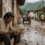 Hombre lee documentos en un pueblo rural colombiano bajo la lluvia