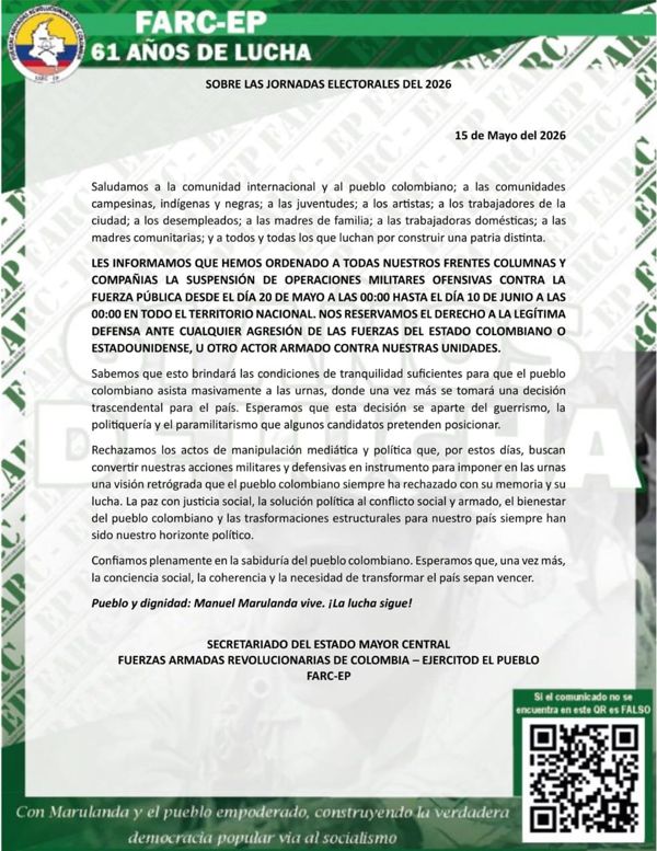 FARC-EP anuncia cese armado por elecciones FARC-EP anuncia cese armado por elecciones