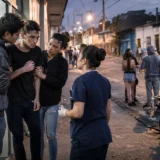 Joven recibe ayuda médica frente a una clínica tras una emergencia asociada al consumo de tusi