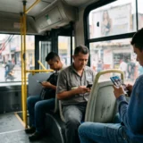 Tres hombres usando teléfonos en un autobús colombiano un día lluvioso. Fotorrealismo.