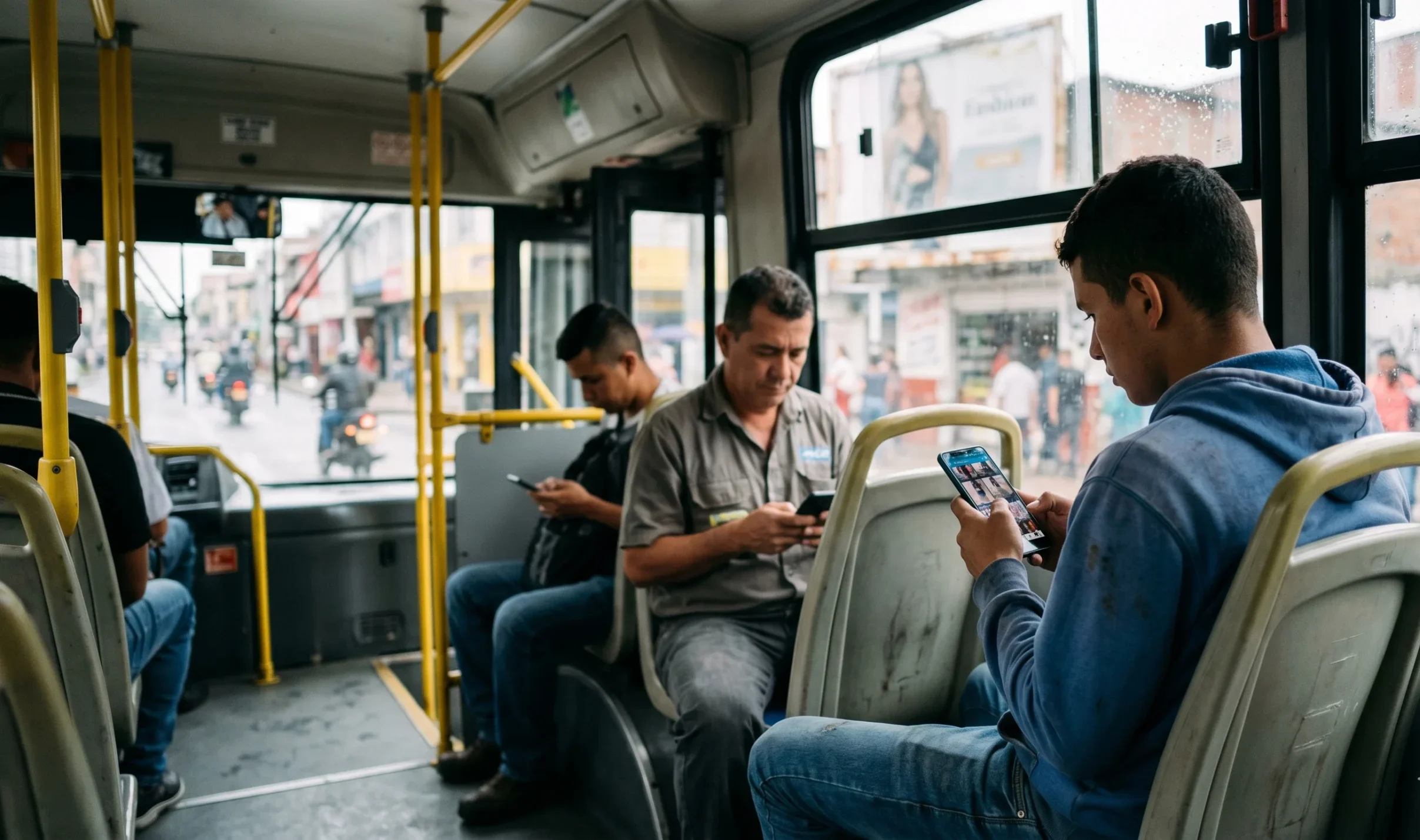 Tres hombres usando teléfonos en un autobús colombiano un día lluvioso. Fotorrealismo.