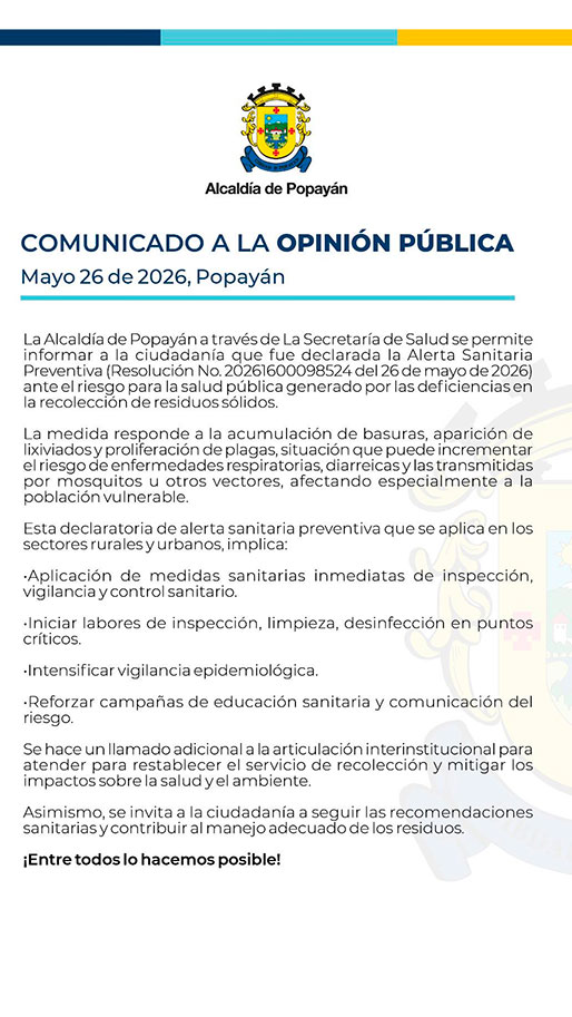 Popayán declara alerta sanitaria preventiva por basuras Popayán declara alerta sanitaria preventiva por basuras