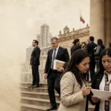 Reunión política frente a edificio institucional en Colombia