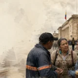 Ciudadanos conversan frente a edificio institucional en Colombia