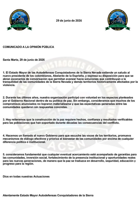 ACSN pide diálogo al presidente electo De la Espriella ACSN pide diálogo al presidente electo De la Espriella