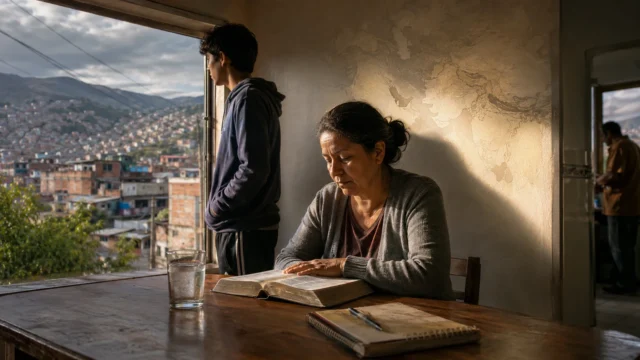 Mujer reflexiona sobre la Biblia mientras un joven observa un barrio colombiano