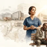 Ilustración acuarela: doctora, paciente y familia en Colombia ante hospital y mapa, simbolizando trasplante de órganos.
