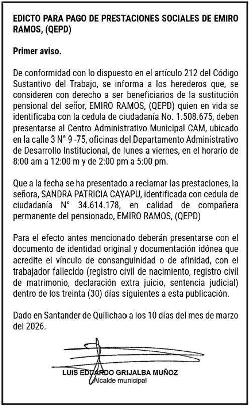 Edicto para pago de prestaciones sociales de Emiro Ramos - QEPD Edicto para pago de prestaciones sociales de Emiro Ramos - QEPD