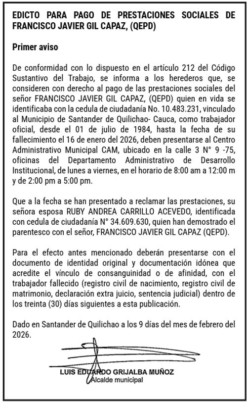 Edicto para pago de prestaciones sociales de Francisco Javier Gil Capaz - QEPD