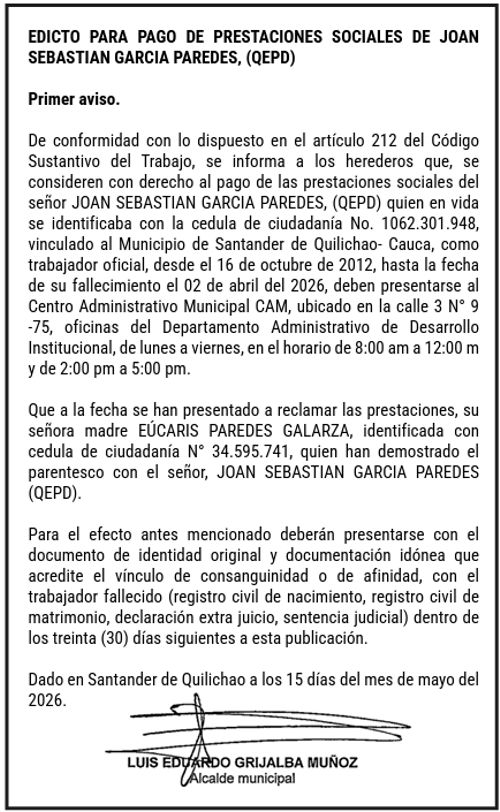 Edicto por trabajador fallecido - Joan Sebastian Garcia Paredes en Quilichao Edicto por trabajador fallecido - Joan Sebastian Garcia Paredes en Quilichao