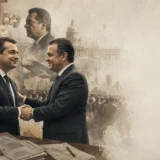 Dos políticos estrechan la mano ante documentos y símbolos de poder