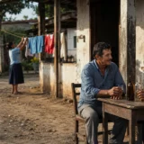 Dos hombres conversan en una fonda rural durante elecciones en paz