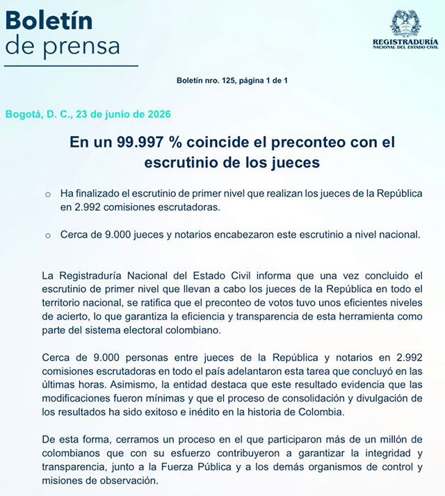 Escrutinio ratifica ventaja de De la Espriella - Comunicado de la Registraduría