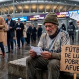 Aficionado de bajos recursos observa una entrada frente a un estadio de fútbol