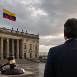 Presidente electo frente a la Casa de Nariño y la bandera de Colombia