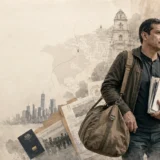 Exuniformado colombiano con documentos frente a un edificio institucional