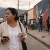 Mujer con fotografía frente a mural urbano en el Cauca