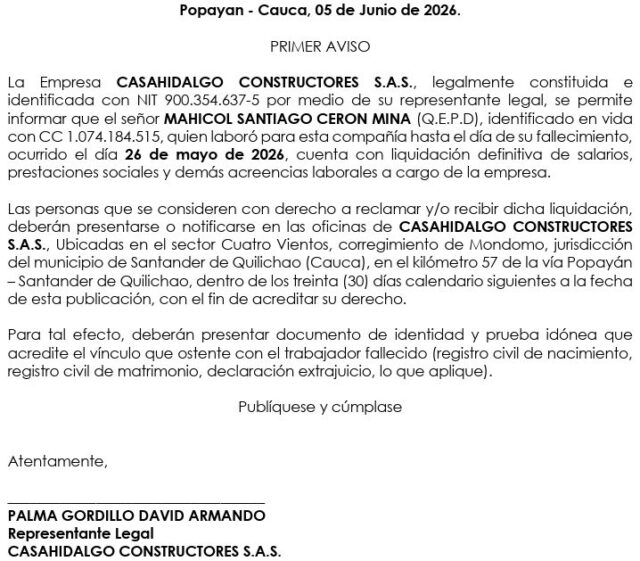 Primer aviso por fallecimiento de Mahicol Santiago Ceron Mina - CASA HIDALGO CONSTRUCTORES Primer aviso por fallecimiento de Mahicol Santiago Ceron Mina - CASA HIDALGO CONSTRUCTORES