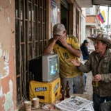 Tres colombianos en una tienda de barrio debaten con un periódico en la mano frente a un televisor que transmite el Mundial de Fútbol 2026.