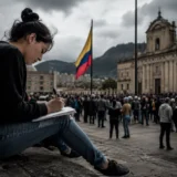 Mujer escribe frente a una concentración ciudadana en Bogotá