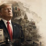 Donald Trump frente a mapa de América Latina y documentos judiciales