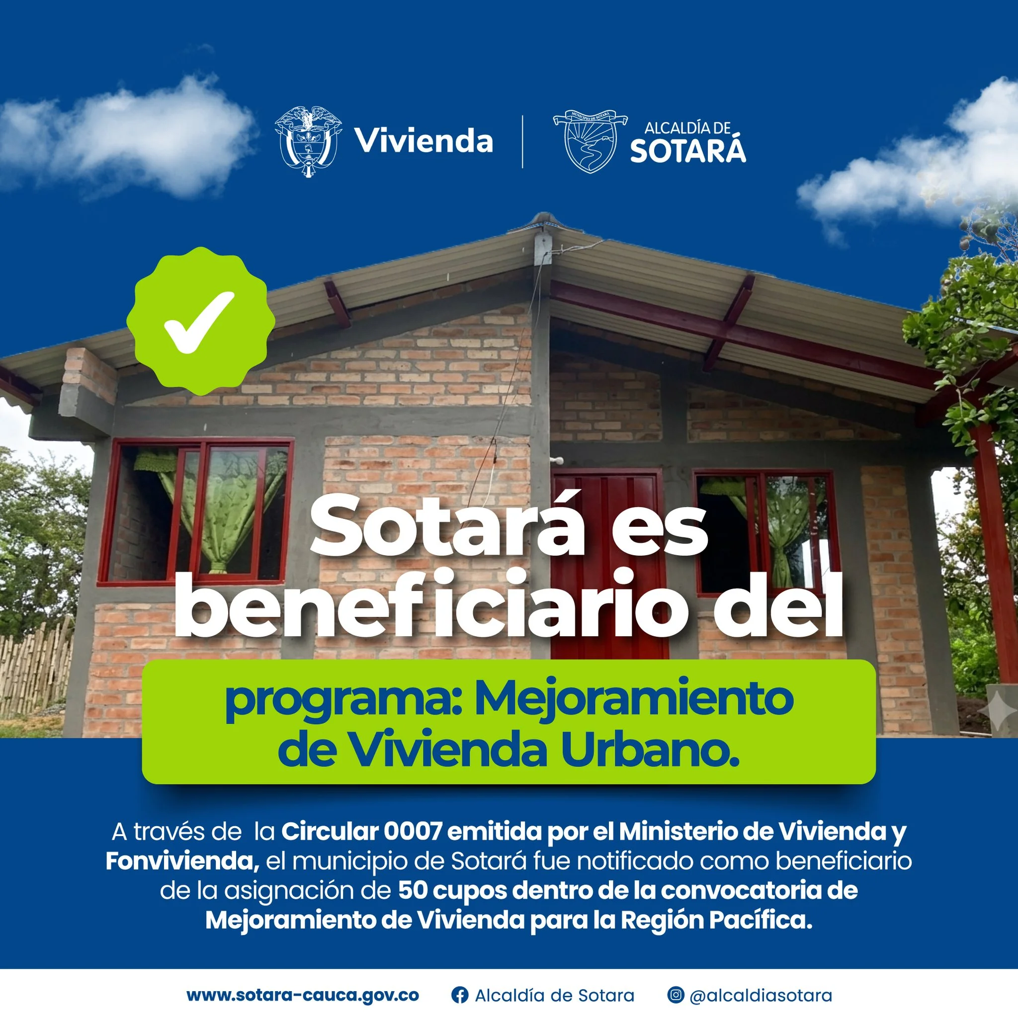 Imagen del informe de Fonvivienda que notifica a Sotará como beneficiario de 50 cupos del Programa de Mejoramiento de Vivienda,