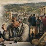 Dos hombres analizan resultados electorales junto a monedas, documentos y una plaza pública en Colombia